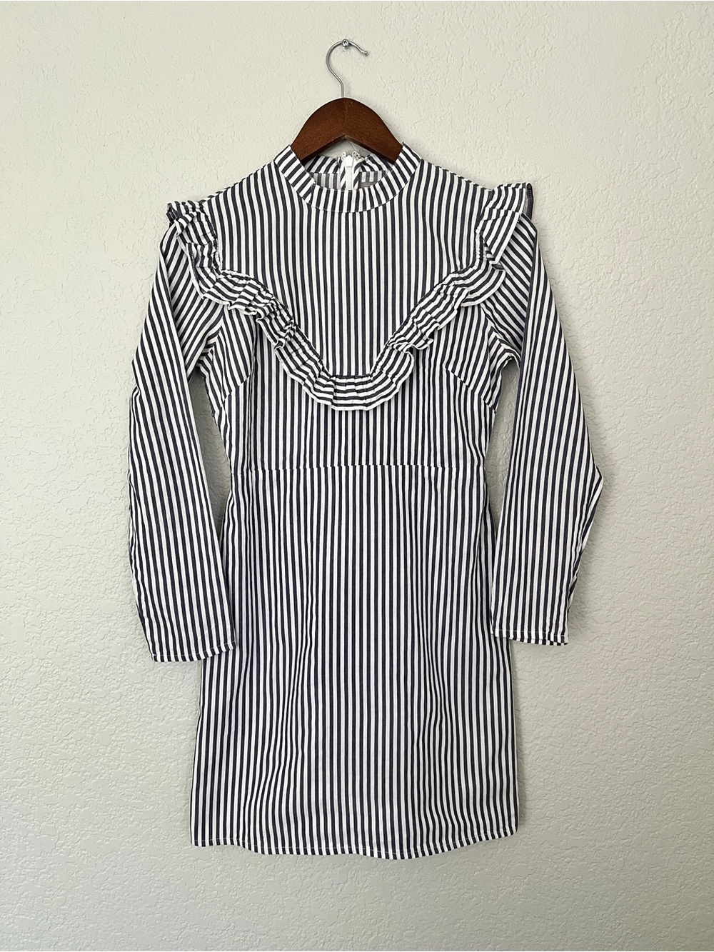 ASOS Black & White Vertical Stripe Long Sleeve Ruffle Dress